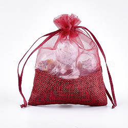 Sacchetti di organza, con un panno di tela, borse coulisse, rettangolo, rosso, 13.2~14.2x9.6~10.2cm