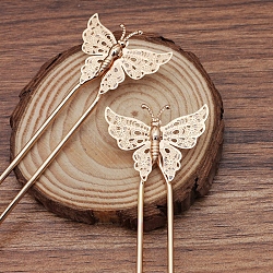 Accessoires de la fourche de cheveux en laiton, avec des finitions en filigrane de papillon, or clair, 135x12x2mm
