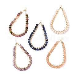 Gemstone Pendants, with Natural Gemstone Beads and Real 18K Gold Plated Brass Findings, Teardrop, 52x30.5x3.5mm, Hole: 1mm