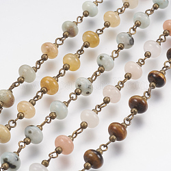Chaîne perlée à la main naturelle de pierre gemme, non soudée, avec épingle à oeil en fer et perles en fer, bronze antique, 39.37 pouce (1 m)/fil