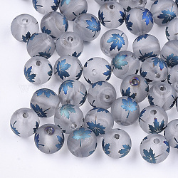 Осенняя тема гальваника прозрачные стеклянные бусины, матовые, круглый с рисунком кленового листа, стальной синий, 10 мм, отверстие : 1.5 мм