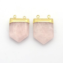 Points de pierres précieuses pendentifs avec les accessoires de laiton de tonalité or, quartz rose, 28~33x19~21x7mm, Trou: 2mm