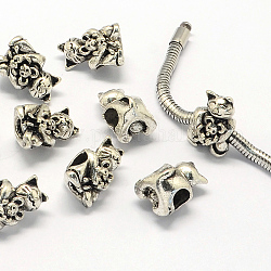 Perline europee in lega, perline con foro grande, gatto, argento antico, 15.5x10x11mm, Foro: 5 mm