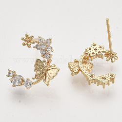Brass Micro Pave Clear Cubic Zirconia Stud Earrings, Half Hoop Earrings, Nickel Free, Flower with Butterfly, Real 18K Gold Plated, 14x13mm, Pin: 0.8mm