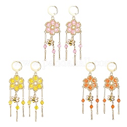 Glass Flower & Alloy Enamel Bee Chandelier Earrings, Golden 304 Stainless Steel Tassel Earrings, Mixed Color, 66x20mm