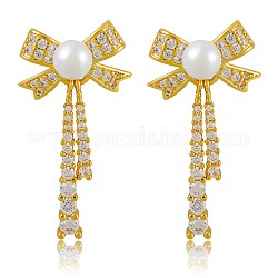 Clear Cubic Zirconia Bowknot Dangle Stud Earrings with Imitation Pearl Beaded, Brass Tassel Earrings for Women, Golden, 32.5x17mm, Pin: 0.7mm