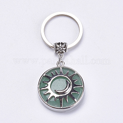 Porte-clés aventurine vert naturel, avec accessoires en laiton, plat rond avec le soleil et la lune, 64mm