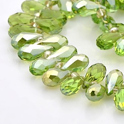 Half Rainbow Plated Faceted Teardrop Electroplate Glass Pendants Beads Strands, Yellow Green, 14x7mm, Hole: 1mm, about 80pcs/strand, 15.5 inch