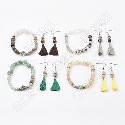 Natural & Synthetic Mixed Stone Jewelry Sets, Bracelets & Dangle Earrings, with Brass Finding and Cotton Thread Tassels, Mixed Color, 75mm, 2 inch(50mm)