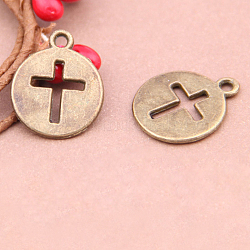 Pendentifs en alliage de style tibétain, croix étiquette volante, plat et circulaire avec croix, bronze antique, 18x15mm, Trou: 1.5mm