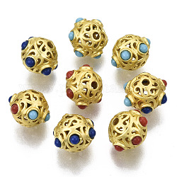 Messing Perlen, mit Harz, hohl, Flachrund, matte Stil, mattgoldene Farbe, Mischfarbe, 8x10x9 mm, Bohrung: 1.6 mm