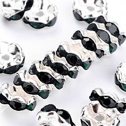 Rhinestone Spacer Beads, Grade A, Emerald Rhinestone, Silver Color Plated, Nickel Free, about 8mm in diameter, 3.8mm thick, hole: 1.5mm