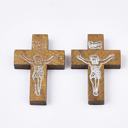 Printed Wooden Pendants, Crucifix Cross, For Easter, Dyed, Camel, 32.5~33.5x21~22x4.5mm, Hole: 2mm
