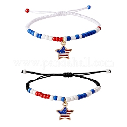 2Pcs 2 Style Alloy Enamel Charms Braided Bead Bracelets Set, Glass Seed & Acrylic Beaded Multi-string Bracelets for Independence Day, Colorful, Inner Diameter: 2~3-3/8 inch(5~8.6cm), 1Pc/style
