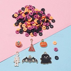 Kit de fabrication de bracelets d'halloween bricolage, y compris des perles de disque d'argile polymère, pendentifs en émail citrouille et fantôme et balai et chauve-souris et squelette, couleur mixte