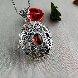 925 Sterling Silver Locket Pendant, with Natural Garnet Beads, Hollow Oval, Red, Antique Silver