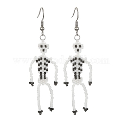 Boucles d'oreilles pendantes squelette en perles miyuki delica, 304 boucles d'oreilles longues pendantes en acier inoxydable, blanc, 71.5mm