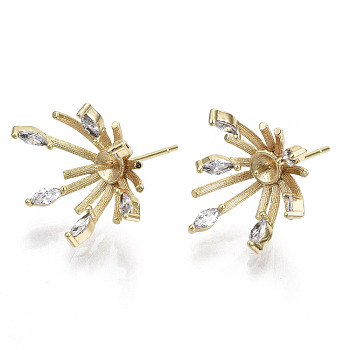Brass Micro Pave Cubic Zirconia Stud Earring Findings, with 925 Sterling Silver Pins, for Half Drilled Bead, Nickel Free, Flower, Real 18K Gold Plated, Clear, 18.5x15mm, Pin: 0.7mm, Pin: 0.7mm(for half drilled beads)