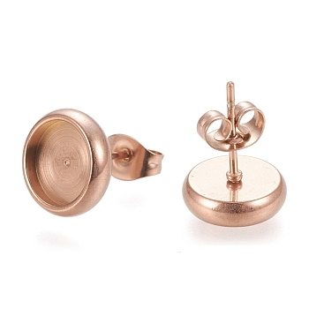 Ion Plating(IP) 304 Stainless Steel Stud Earring Settings, with Ear Nuts, Flat Round, Rose Gold, 10.5mm, Pin: 0.8mm, Tray: 8mm