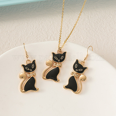 Ожерелья и серьги-подвески в форме кошки из цинкового сплава с эмалью FS-WG2319B-01-1