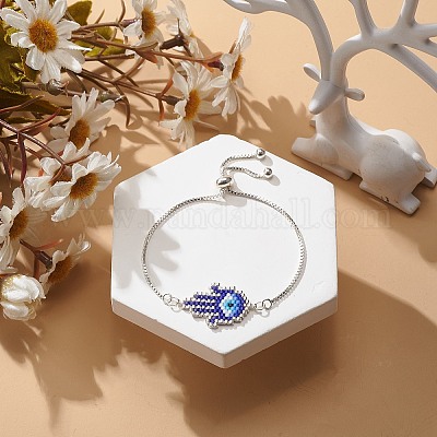 Плетеная рука из хамсы со стеклянными семенами и браслет-слайдер со звеном от сглаза BJEW-MZ00003-1