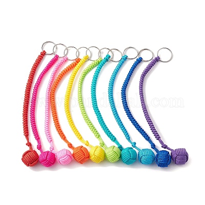 Outdoor Polyester & Spandex Cord Ropes Braided Wood Ball Keychains, with  Iron Split Key Rings, Mixed Color, 23.3cm