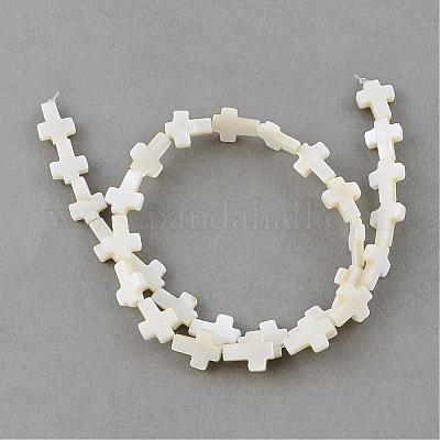 Natural Sea Shell Beads Strands, Cross, Creamy White, 11~12x9~10x2~3mm,  Hole: 0.8~0.9mm, about 30pcs/strands, 14.5 inch