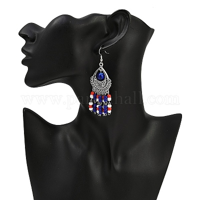 Серьги-люстры из сплава стеклянных бусин в форме слезы EJEW-JE06509-1