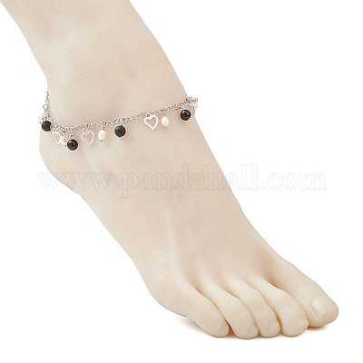 Браслеты на ногу из натурального черного агата (окрашенного и нагретого) с натуральным жемчугом и нержавеющей сталью 304 с цепочкой-кисточкой в форме сердца AJEW-AN00697-1