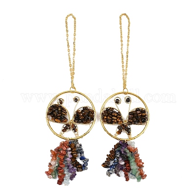 Подвесные украшения из латуни и натурального тигрового глаза в виде бабочки HJEW-Z007-04G-03-1