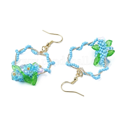 Серьги-подвески из нержавеющей стали 304 с цветочным узором и стеклянными бусинами EJEW-MZ00335-01-1