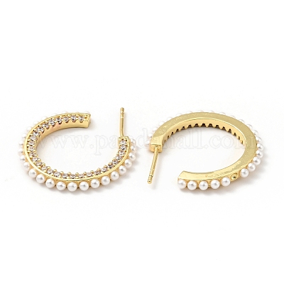 С-образные серьги из прозрачного циркония с акриловой жемчужиной EJEW-G295-06G-1