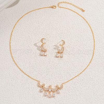 Комплекты серег и ожерелий из латуни с микропаве из кубических цирконий в форме луны и звезды для женщин FS1088-1-1