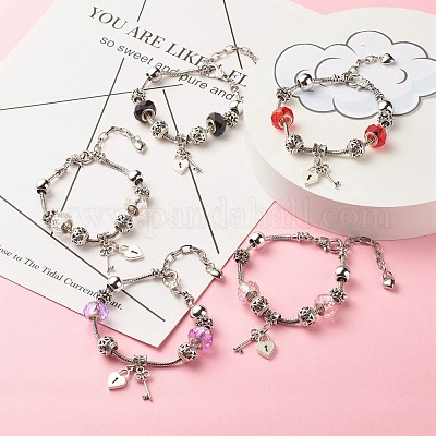 Европейский браслет с замком в виде сердца из сплава и подвеской от скелетного ключа со змеиными цепями BJEW-JB08043-1