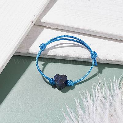 Браслет из плетеного шнура с сердцем из натурального содалита BJEW-JB07685-04-1