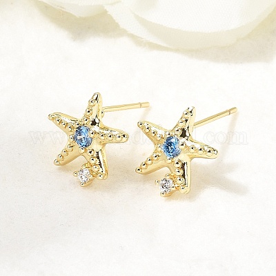 Серьги-гвоздики из латуни с микропаве из кубических цирконий в форме морских звезд EJEW-Z153-02G-1