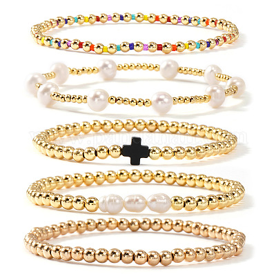 5шт. Набор из 5-х видов круглых бусин из латуни и пресноводного жемчуга XL2299-1-1