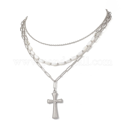 Женское ожерелье с подвеской-крестом из нержавеющей стали 304 NJEW-JN05481-1
