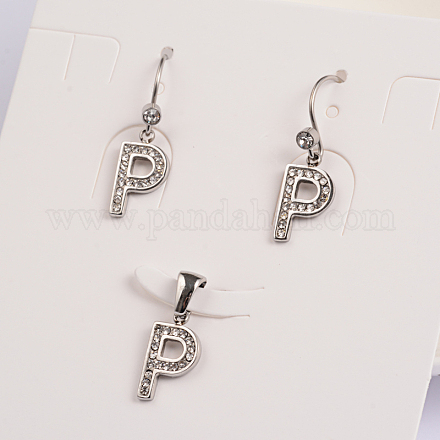 Plaqué platine 304 en acier inoxydable strass lettres boucles d'oreilles & pendentifs ensembles de bijoux SJEW-E056-01P-P-1