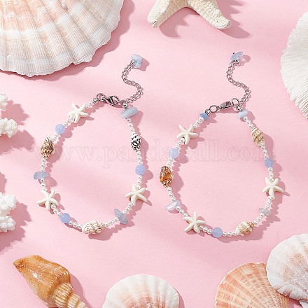 Летние браслеты на ногу с натуральным окрашенным аквамарином AJEW-AN00693-1