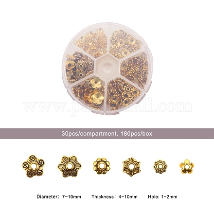 1ボックス混合スタイルチベットのスタイル合金の花のビーズキャップ  アンティーク黄金  7~10x4~10mm  穴：1~2mm  約30個 /コンパートメント TIBE-JP0002-AG-1