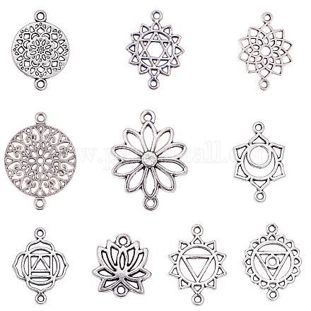 SUNNYCLUE 1 Box 100Pcs 10 Styles Flower Connector Charms Finding Tibetan Antique Silver Flower Hollow Chakra Charms Pendants Craft Supplies for DIY Jewelry Bracelet Necklace Earring Making Accessories TIBE-SC0001-08AS-FF-1
