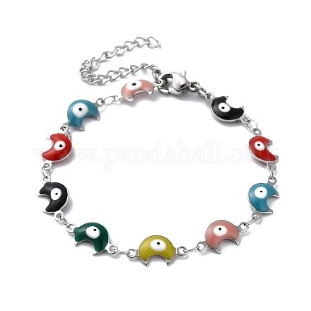 Moon with Evil Eye Enamel Link Chain Bracelet BJEW-G683-01P-01-1