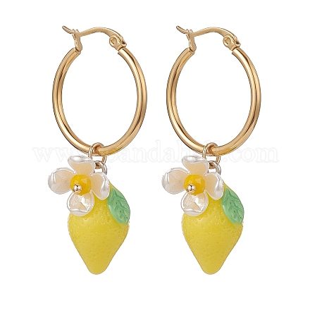 Серьги-кольца с подвесками в форме лимона из смолы и абс-пластика с жемчужным цветком EJEW-TA00187-1