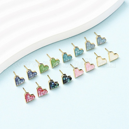 Серьги-гвоздики в форме сердца из латуни и эмали EJEW-I322-06G-1