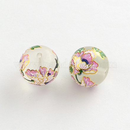 Perles rondes avec image de fleur en verre transparent mat GFB-R004-14mm-H13-1