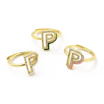 Mixed Color Enamel Initial Letter Adjustable Ring with Clear Cubic Zirconia RJEW-P045-01G-P-1