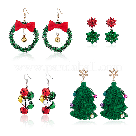 Anattasoul 4 Paar baumelnde Ohrringe im 4-Stil-Weihnachtsmotiv mit Glöckchen und Schleife aus Legierung EJEW-AN0001-98-1