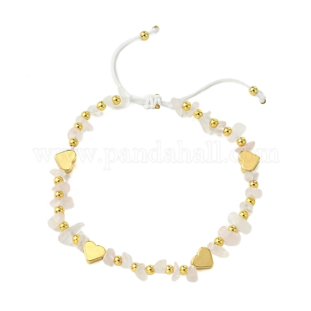 Браслеты из латуни с кристаллами розового кварца и плетеными бусинами в форме сердца BJEW-JB10592-1