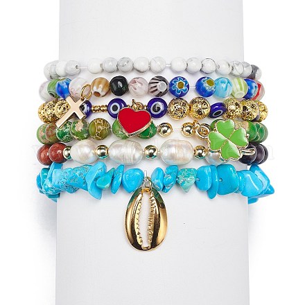 Set Di 6 Bracciali Elastici In Perle Di Vetro Riciclato - Oro, Per Donna, Impilabili, Regalo In Elegante Scatola
